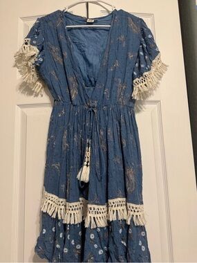 Zury Blue Tassel-Detail Girls' Boho Dress with Cream Fringe